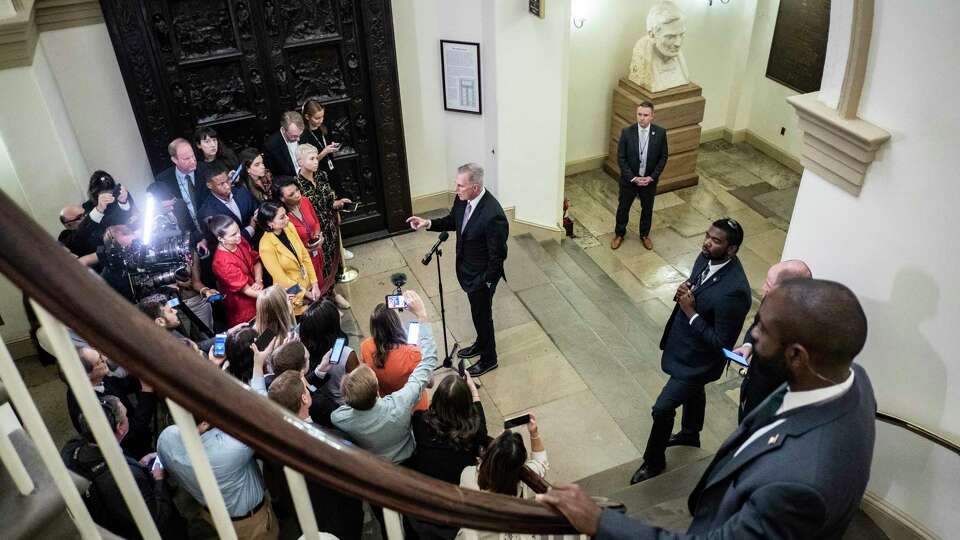 House Speaker Kevin McCarthy (R-Calif.) speaking to reporters at the U.S. Capitol in Washington, on Wednesday, Sept. 20, 2023. House Republicans remained paralyzed on Wednesday as deep internal divisions left McCarthy with no immediate way to advance needed spending legislation, significantly increasing the chances of a government shutdown in 10 days. (Pete Marovich/The New York Times)