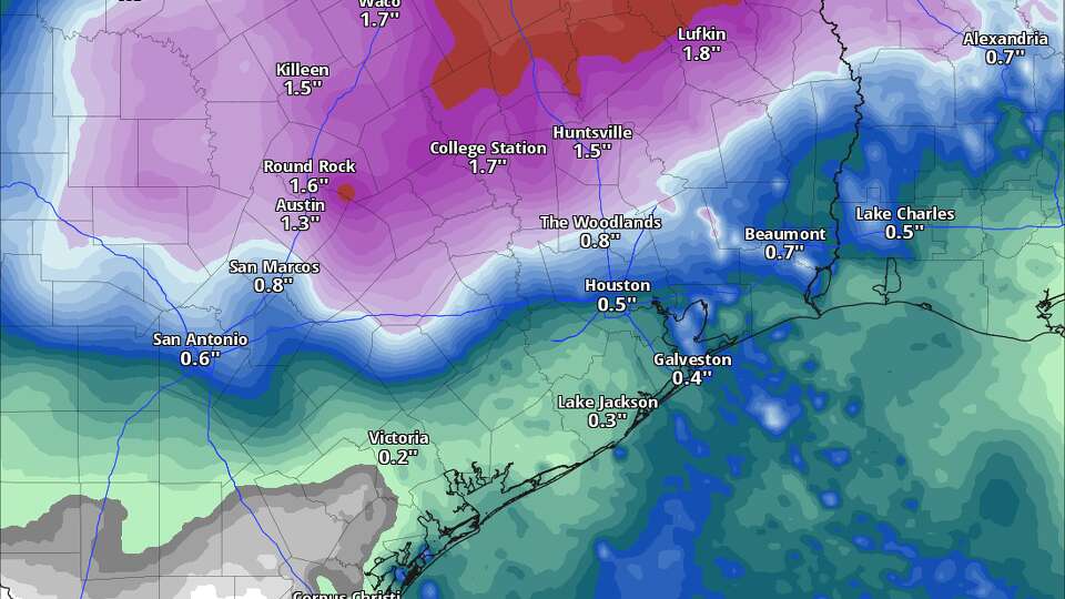 Rain amounts through early next week are likely to remain on the lighter side. Heavier rain appears more likely north of Houston.