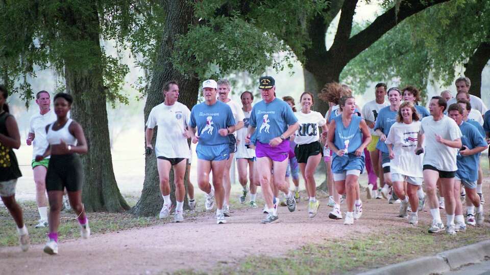 Vice President Al Gore, President Bill Clinton and an entourage jog through Hermann Park Saturday morning, in a scene reminiscent of former President George H.W. Bush's outings in Memorial Park when he came home to Houston on visits, Sept. 11, 1993. The two were on the last stop of a cross-country tour promoting their 