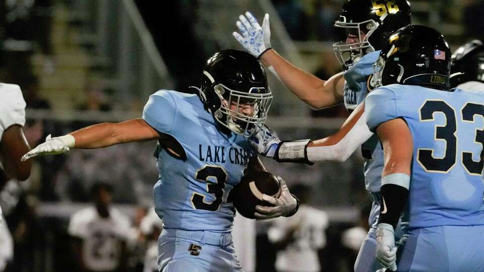 Lake Creek linebacker Kyler Burden (34) reacts after recovering a fumble by Randal quarterback Tyler Skrabanek during the first quarter of a District 10-5A Division II high school football game at Montgomery ISD Stadium, Friday, Sept. 22, 2023, in Montgomery.