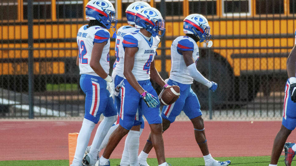 Dickinson's Rodney Bimage (4) reacts after scoring a touchdown against Clear Springs in the first half at Challenger Columbia Stadium, Friday, Sep. 22, 2023 in Iowa Colony.