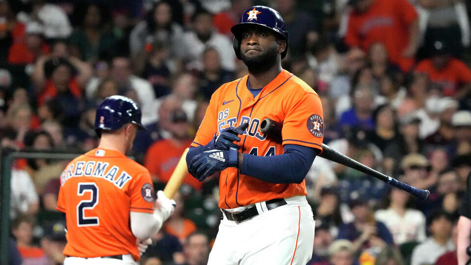 Houston Astros designated hitter Yordan Alvarez (44) reacts after striking out during the eighth inning of an MLB baseball game at Minute Maid Park on Friday, Sept. 22, 2023 in Houston.
