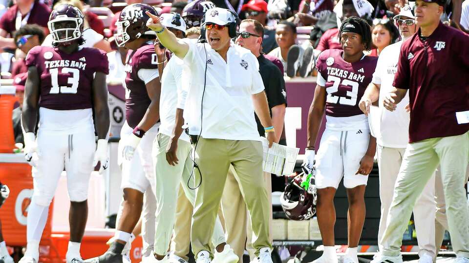 COLLEGE STATION, TEXAS - SEPTEMBER 23: Head coach Jimbo Fisher of the Texas A&M Aggies directs the team in the first half against the Auburn Tigers at Kyle Field on September 23, 2023 in College Station, Texas.