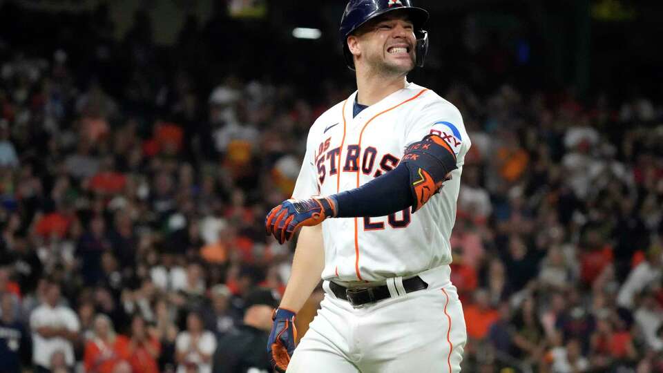 Houston Astros left fielder Chas McCormick (20) reacts as he pops out during the eighth inning of an MLB baseball game at Minute Maid Park on Saturday, Sept. 23, 2023 in Houston.