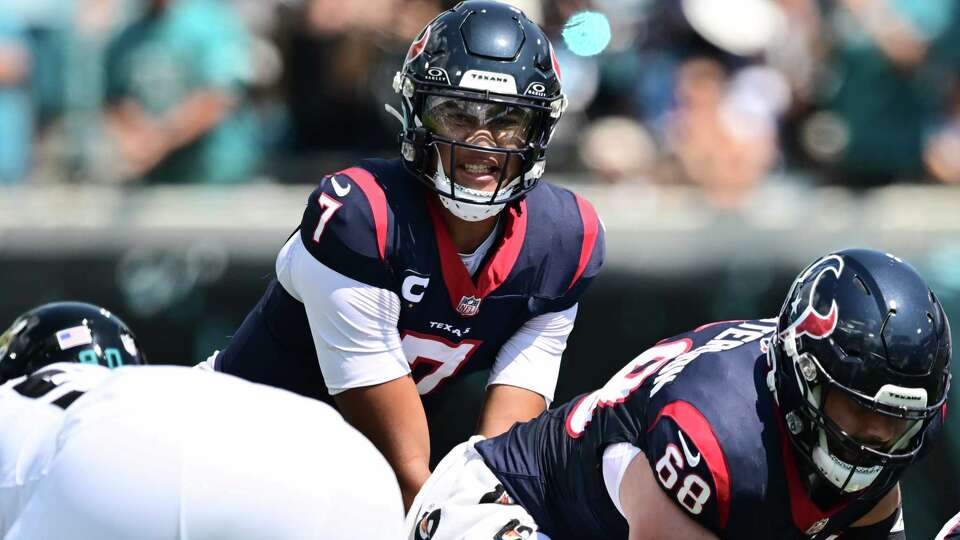 JACKSONVILLE, FLORIDA - SEPTEMBER 24: C.J. Stroud #7 of the Houston Texans waits for the snap during the first half of a game against the Jacksonville Jaguars at EverBank Stadium on September 24, 2023 in Jacksonville, Florida.