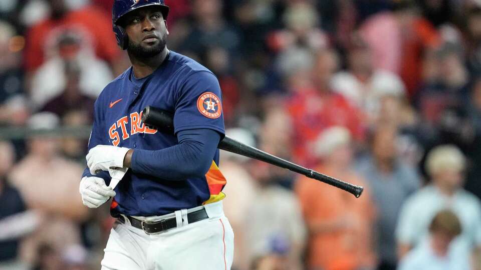 Houston Astros left fielder Yordan Alvarez walks off the field after striking out to end the ninth inning against the Kansas City Royals in a Major League Baseball game on Sunday, Sept. 24, 2023, in Houston. The Royals swept the Astros with a 6-5 win.
