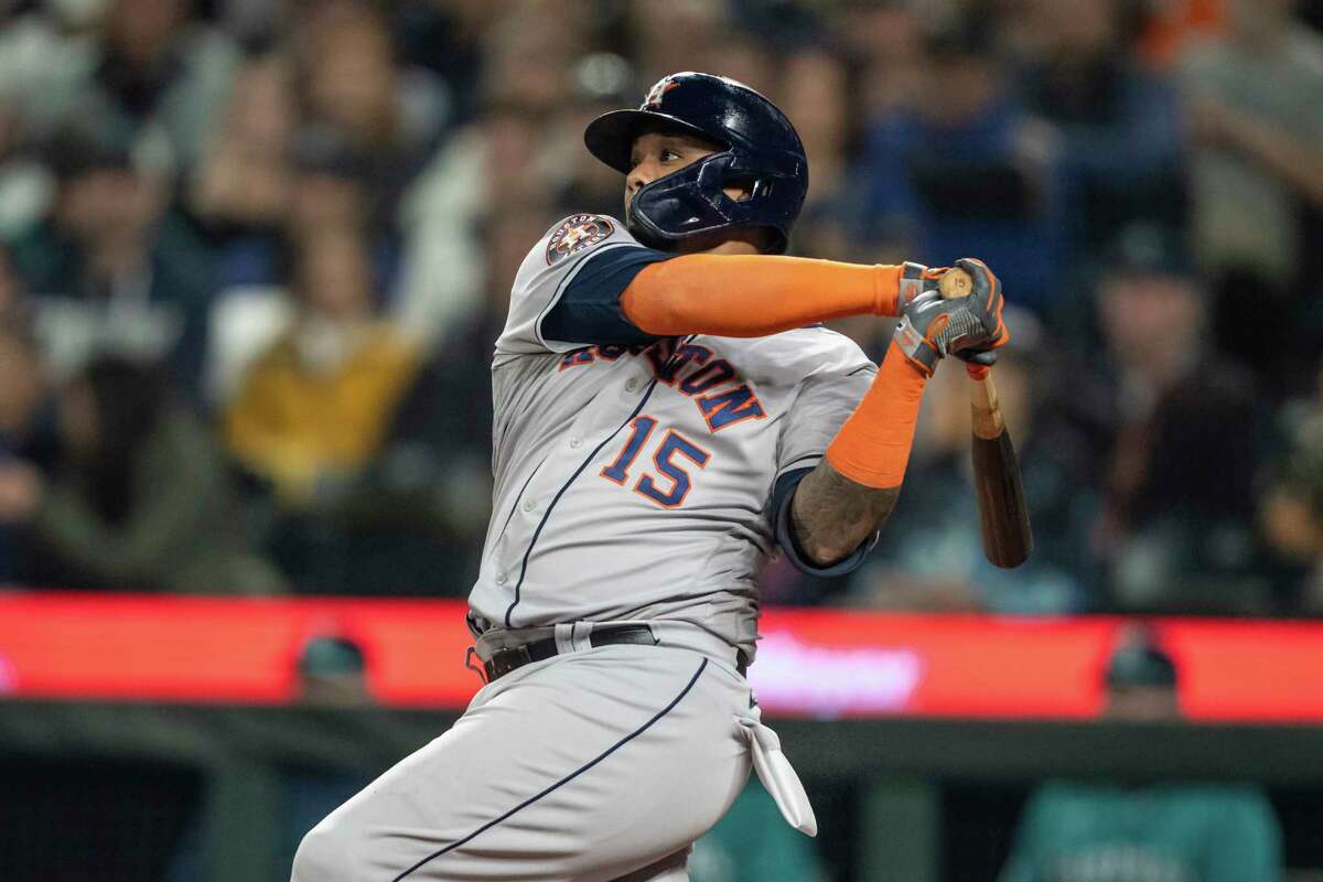 Mauricio Dubon of the Houston Astros reacts to hitting an RBI double  News Photo - Getty Images