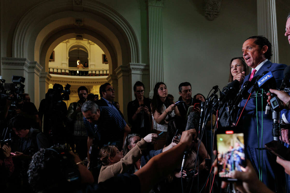 Defense attorney Tony Buzbee addresses the media after the Texas Senate acquitted his client Attorney General Ken Paxton of impeachment on day 10 of his trial in the Senate Chamber at the Texas Capitol on Saturday, Sept. 16, 2023, in Austin, Texas.