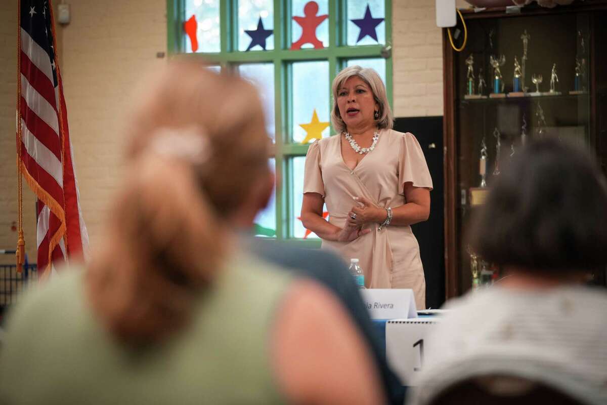 City Council candidate Sonia Rivera speaks to residents during a District H candidate forum on Tuesday, Sept. 26, 2023, at the Proctor Plaza Park Community Center in Houston.