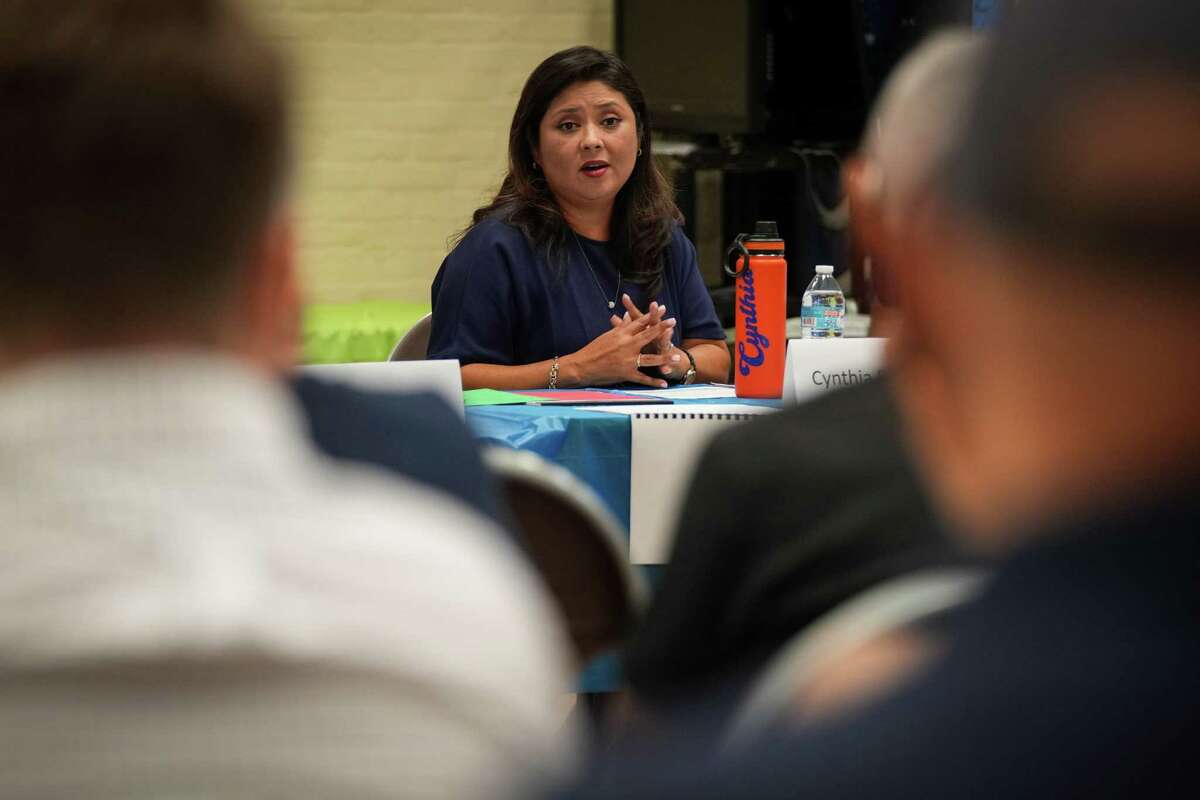 City Council candidate Cynthia Reyes-Revilla speaks to residents during a District H candidate forum on Tuesday, Sept. 26, 2023, at the Proctor Plaza Park Community Center in Houston.
