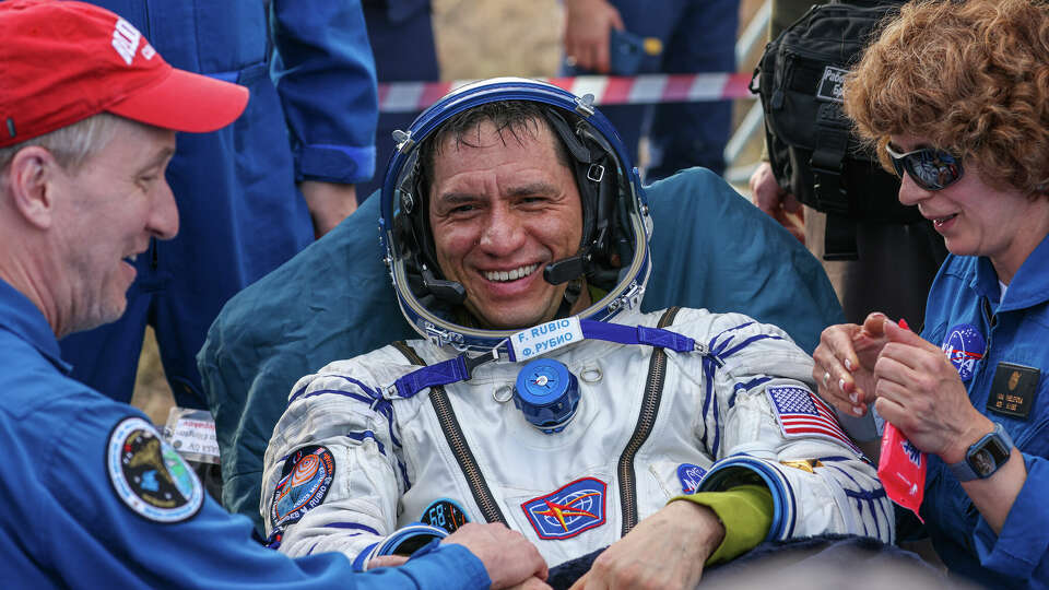 In this photo released by Roscosmos space corporation, NASA astronaut Frank Rubio sits in a chair shortly after the landing of the Russian Soyuz MS-23 space capsule about 150 km (90 miles) south-east of the Kazakh town of Zhezkazgan, Kazakhstan, Wednesday, Sept. 27, 2023. The Soyuz capsule carrying NASA astronaut Frank Rubio, Roscosmos cosmonauts Sergey Prokopyev, and Dmitri Petelin, touched down on Wednesday on the steppes of Kazakhstan. (Ivan Timoshenko, Roscosmos space corporation via AP)