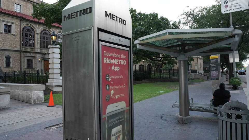 A Metro bus stop in front of Houston Public Library’s Julia Ideson Building is seen Thursday, Sept. 28, 2023, in Houston.