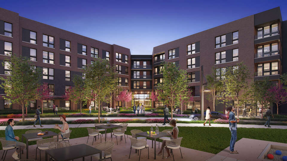 A rendering of a courtyard area within The Laura, the new apartment community expected to welcome residents in December 2023 within East River.