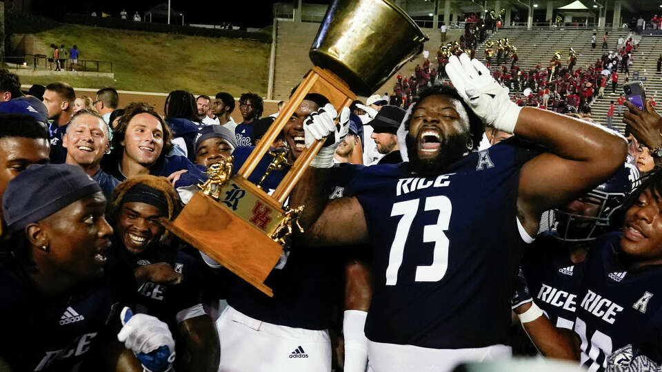 Rice Owls offensive lineman Lavel Dumont (73) celebrates after the team’s 43-41 double-overtime victory over Houston to win the Bayou Bucket during an NCAA college football game at Rice Stadium, Saturday, Sept. 9, 2023, in Houston.