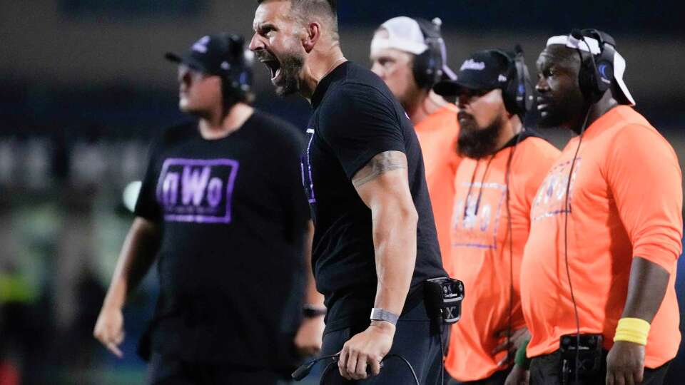 Fulshear head coach Nick Codutti reacts to a play during the second quarter of a District 10-5A (Div. I) high school football game at Traylor Stadium, Thursday, Sept. 28, 2023, in Rosenberg.