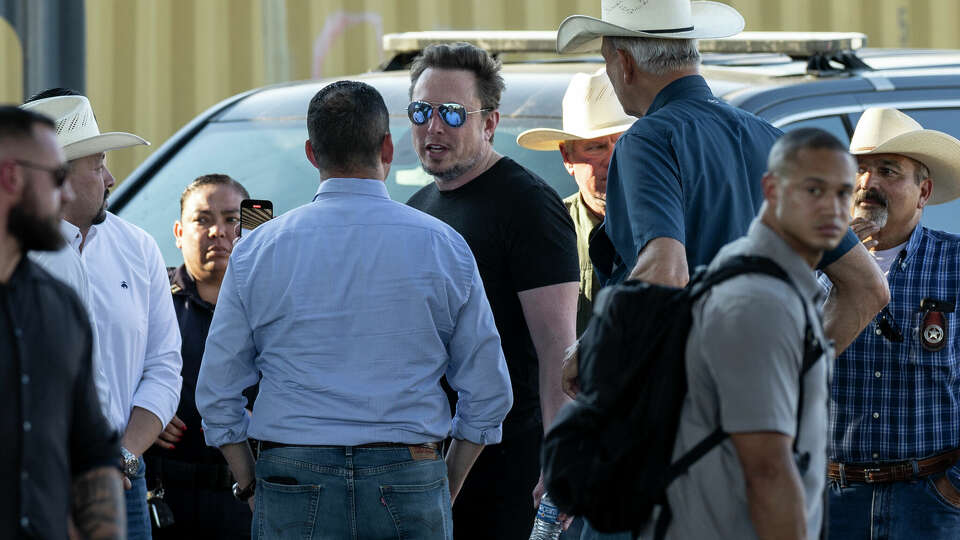 EAGLE PASS, TEXAS - SEPTEMBER 28: Tech entrepreneur Elon Musk with Rep. Tony Gonzales (R-TX) while visiting the Texas-Mexico border on September 28, 2023 in Eagle Pass, Texas. Musk toured the border along the bank of the Rio Grande to see firsthand the ongoing migrant crisis, which he has called a 