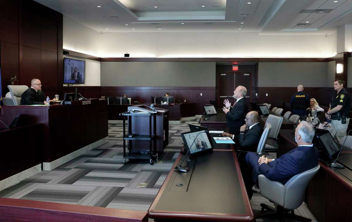 Clark County Chief Deputy District Attorney Marc DiGiacomo addresses Chief Judge Jerry Wiese regarding an indictment in the 1996 murder of Tupac Shakur during a court hearing at the Regional Justice Center in Las Vegas on Friday, Sept. 29. A grand jury in Las Vegas has indicted one of the last living witnesses to the 1996 killing of Tupac Shakur.