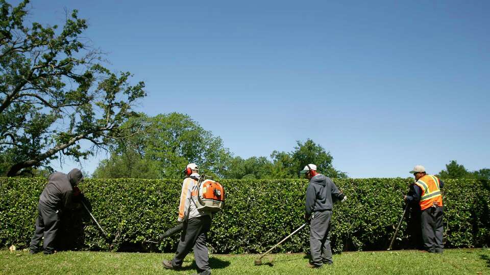 Workers trim up the entryway to a neighborhood in Lake Forest in Dallas on May 4, 2017. Companies use H-2B visas to recruit seasonal workers for landscaping, food preparation, construction and other manual work. In 2019, Texas led all states with over 16,000 positions certified for H-2B visas.