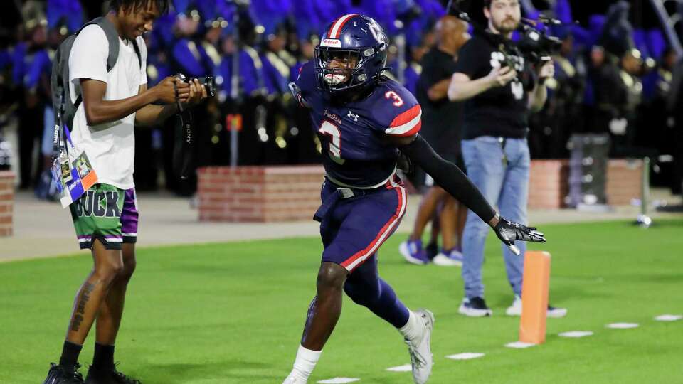 Cypress Springs wide receiver Rashod Richardson (3) celebrates his touchdown reception in the final minute for the winning score of 35-31 against Cypress Ranch during the second half of their District 16-6A high school football game held at Cy-Fair FCU Stadium Friday, Sept. 29, 2023 in Cypress, TX.