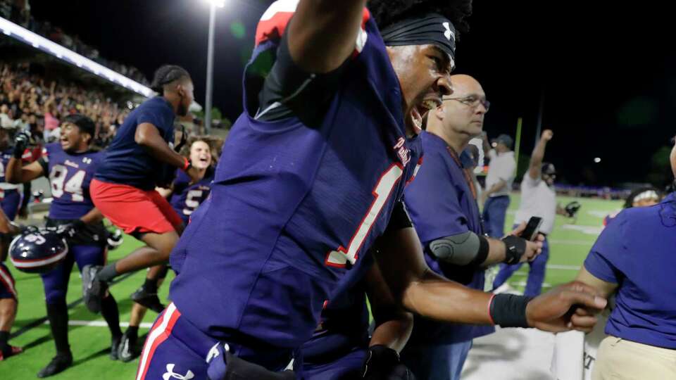 Cypress Springs quarterback Harrison Mass reacts as the game ends with their 35-31 win over Cypress Ranch at the end of their District 16-6A high school football game held at Cy-Fair FCU Stadium Friday, Sept. 29, 2023 in Cypress, TX.