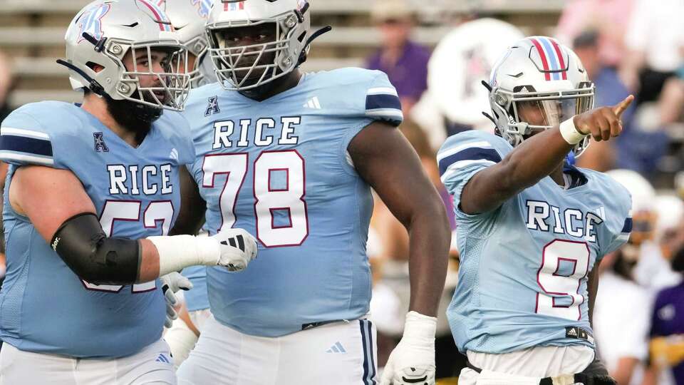 Rice Owls quarterback Chase Jenkins (9) reacts after picking up a first down during the first quarter of Rice University’s inaugural American Athletic Conference college football game at Rice Stadium, Saturday, Sept. 29, 2023, in Houston.