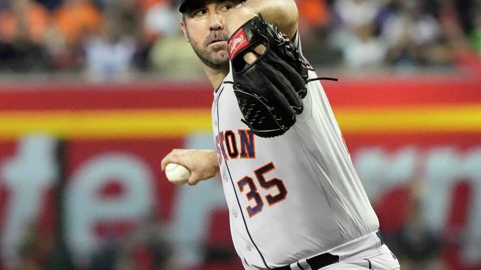 Houston Astros starting pitcher Justin Verlander (35) pitches to Arizona Diamondbacks Corbin Carroll during the first inning of a MLB baseball game at Chase Field on Saturday, Sept. 30, 2023 in Phoenix.