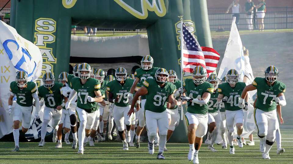 Stratford players take the field before the start of their District 17-6A high school football game against Cypress Creek held at Tully Stadium Saturday, Sept. 30, 2023 in Houston.