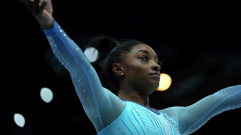 United States' Simone Biles competes on the beam during Women's Qualifications at the Artistic Gymnastics World Championships in Antwerp, Belgium, Sunday, Oct.1, 2023. The event will take place until Sunday, Oct. 8.
