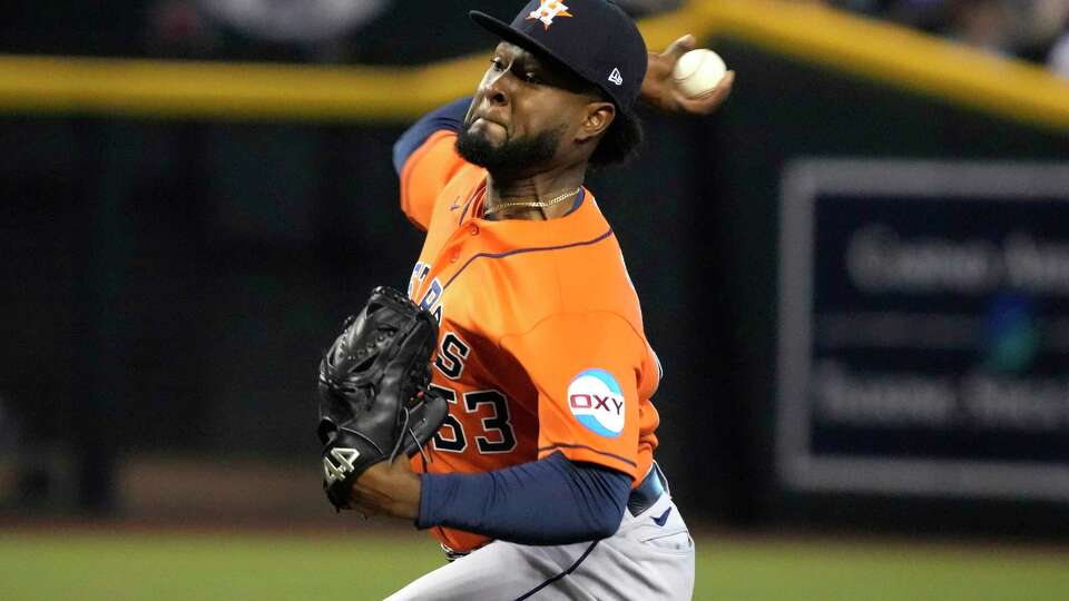 Houston Astros starting pitcher Cristian Javier (53) pitches to Arizona Diamondbacks Alek Thomas during the second inning of a MLB baseball game at Chase Field on Sunday, Oct. 1, 2023 in Phoenix.