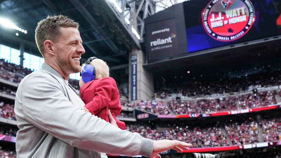 Former Houston Texans defensive end J.J. Watt walks onto the field during a halftime ceremony inducting him into the Texans Ring of Honor Sunday, Oct. 1, 2023, in Houston.