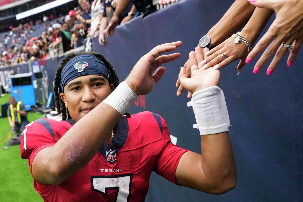 Houston Texans quarterback C.J. Stroud celebrates with fans after the Texans 30-6 win over the Pittsburgh Steelers during the second half an NFL football game Sunday, Oct. 1, 2023, in Houston.