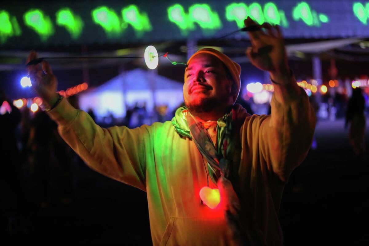 Sergio B. does a light show during Skrillex’s set at Portola Music Festival at Pier 80 in San Francisco on Sunday, Oct. 1, 2023. 