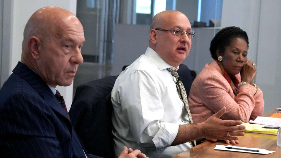 Mayoral candidates John Whitmire, left, Gilbert Garcia, middle, and Sheila Jackson Lee, right, speak to the Houston Chronicle Editorial Board Monday, Oct. 2, 2023 in Houston.