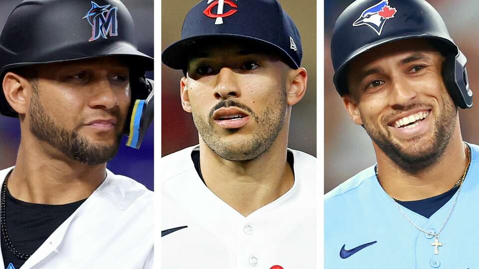 Former Astros' Yuli Gurriel (left), Carlos Correa (center) and George Springer (right) all made the 2023 playoffs with their current teams.