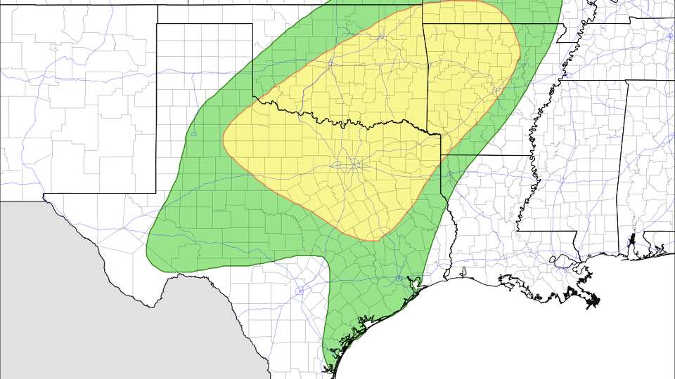 This map shows where flash flooding is possible through early Thursday morning. Much of Southeast Texas is under the 