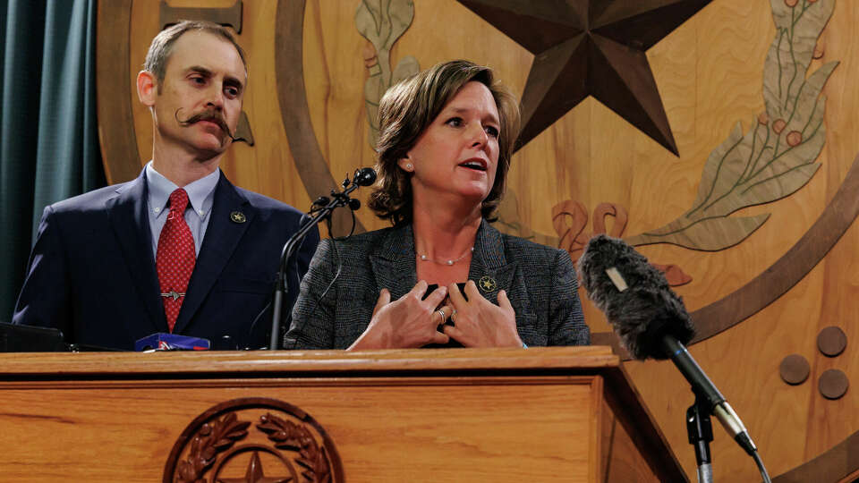 House Impeachment managers democratic Rep. Ann Johnson, right, and republican Rep. Andrew Murr answer questions from news media after the state senate acquitted Attorney General Ken Paxton of all articles of impeachment on day 10 of the trial at the Texas Capitol on Saturday, Sept. 16, 2023, in Austin, Texas.