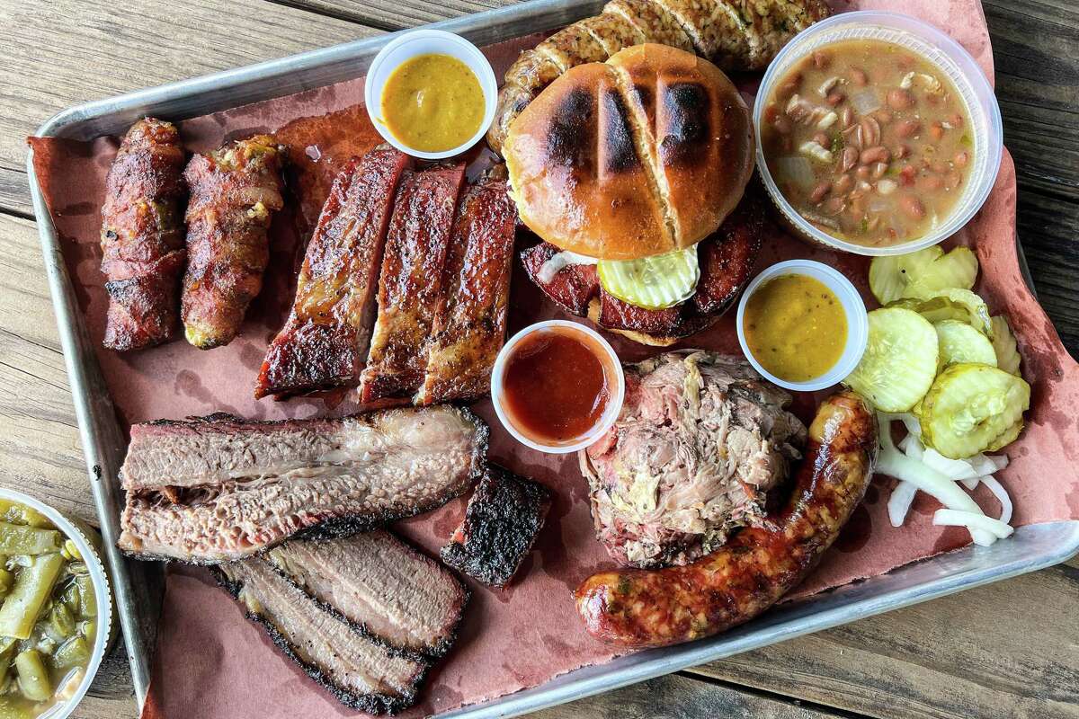 Brisket, green beans, stuffed jalapenos, pork ribs, smoked boudin, pinto beans, smoked bologna sandwich, pulled pork and jalapeno & cheese sausage at Rosemeyer Bar-B-Q in Spring