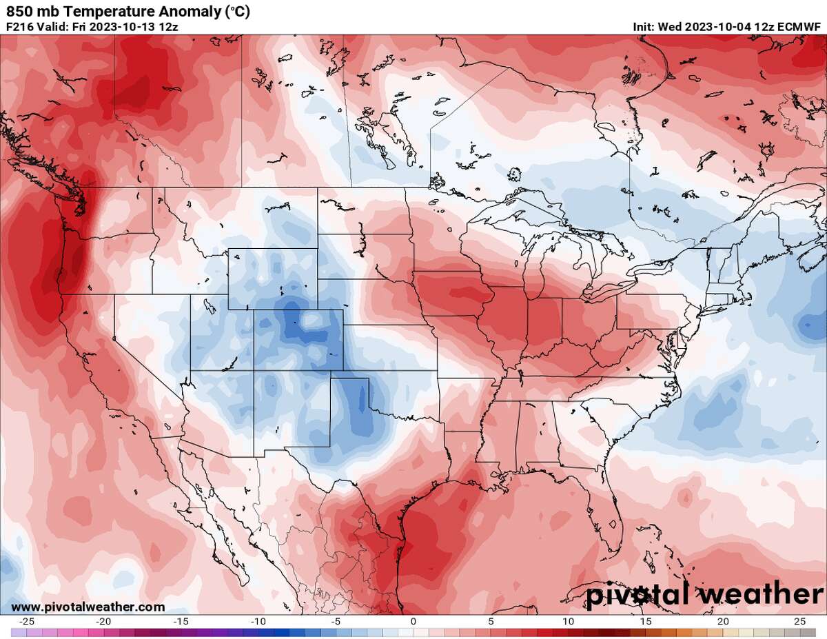 Temperatures moderate back to near-average or slightly above-average levels by the middle of next week, as indicated by shades of red across Southeast Texas.