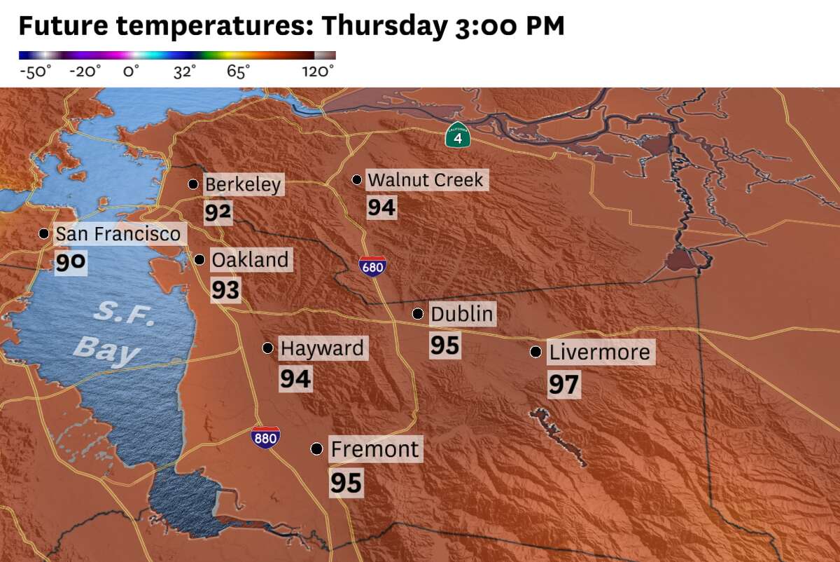Thursday afternoon’s temperatures will range from the upper 80s to lower 90s, with pockets of 90-degree temperatures possible west of the Oakland and Berkeley hills thanks to sunshine and dry winds.