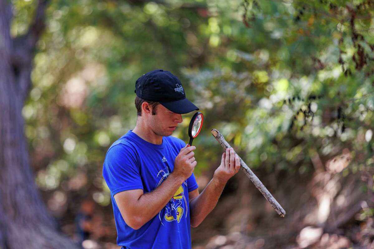 Jacob Mason inspects the the bark on a stick while participating in a forest bathing exercise on Sept. 29.