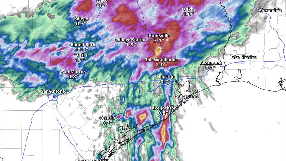 Heavy rain fell across portions of Southeast Texas Wednesday, with widespread heavy rain arriving Thursday morning along a cold front. Widespread rainfall totals of between 1 and 3 inches are likely by the time rain wraps up Thursday evening.