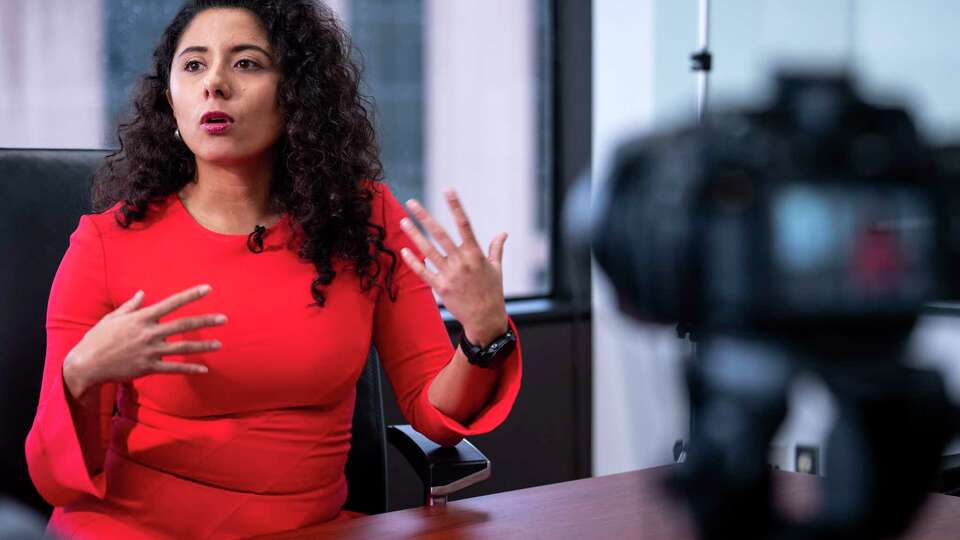 Harris County Judge Lina Hidalgo talks about being diagnosed with clinical depression and her decision to seek mental health treatment during an interview on Thursday, Oct. 5, 2023 in Houston. Hidalgo returned to work Monday after an extended leave of absence to receive mental health treatment. Hidalgo announced Aug. 7 that she had checked into an inpatient facility in late July for treatment for clinical depression. She said in a letter that she had been experiencing symptoms 