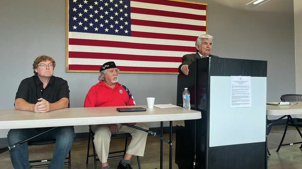 Civil rights leader Johnny Mata and members of the Greater Houston Coalition for Justice discuss the federal complaint filed to the Equal Employment Opportunity Commission against Gov. Greg Abbott and Texas Education Commissioner Mike Morath on Oct. 5, 2023, at the Leonel Castillo Community Center in Houston. 