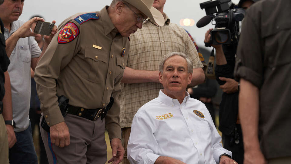 Texas Gov. Greg Abbott tours the U.S.-Mexico border at the Rio Grande River in Eagle Pass, Texas, on May 23, 2022.