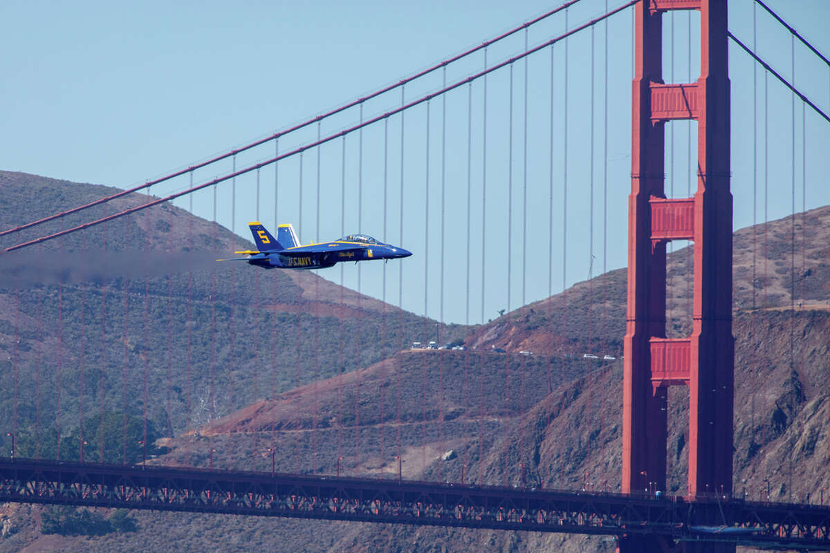 The Blue Angels fly their routine over San Francisco Bay along the coast of San Francisco, Calif. on Oct. 5, 2023.