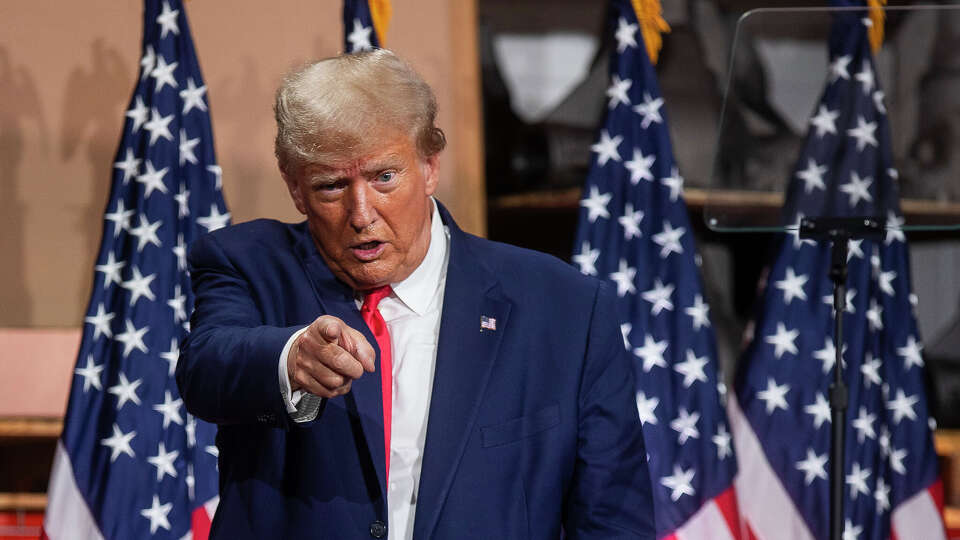 Former President Donald Trump exits after addressing a crowd of auto workers on Wednesday, Sept. 27, 2023, at Drake Enterprises in Clinton Township, Michigan. (Katy Kildee/The Detroit News/TNS)