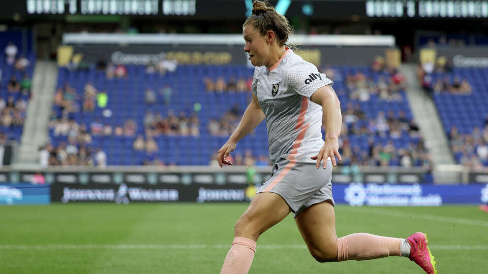 Savannah McCaskill #9 of Angel City FC takes the ball in the second half against the NJ/NY Gotham FC at Red Bull Arena on July 02, 2023 in Harrison, New Jersey. The NJ/NY Gotham FC and the Angel City FC tied at 0-0. (Photo by Elsa/Getty Images)
