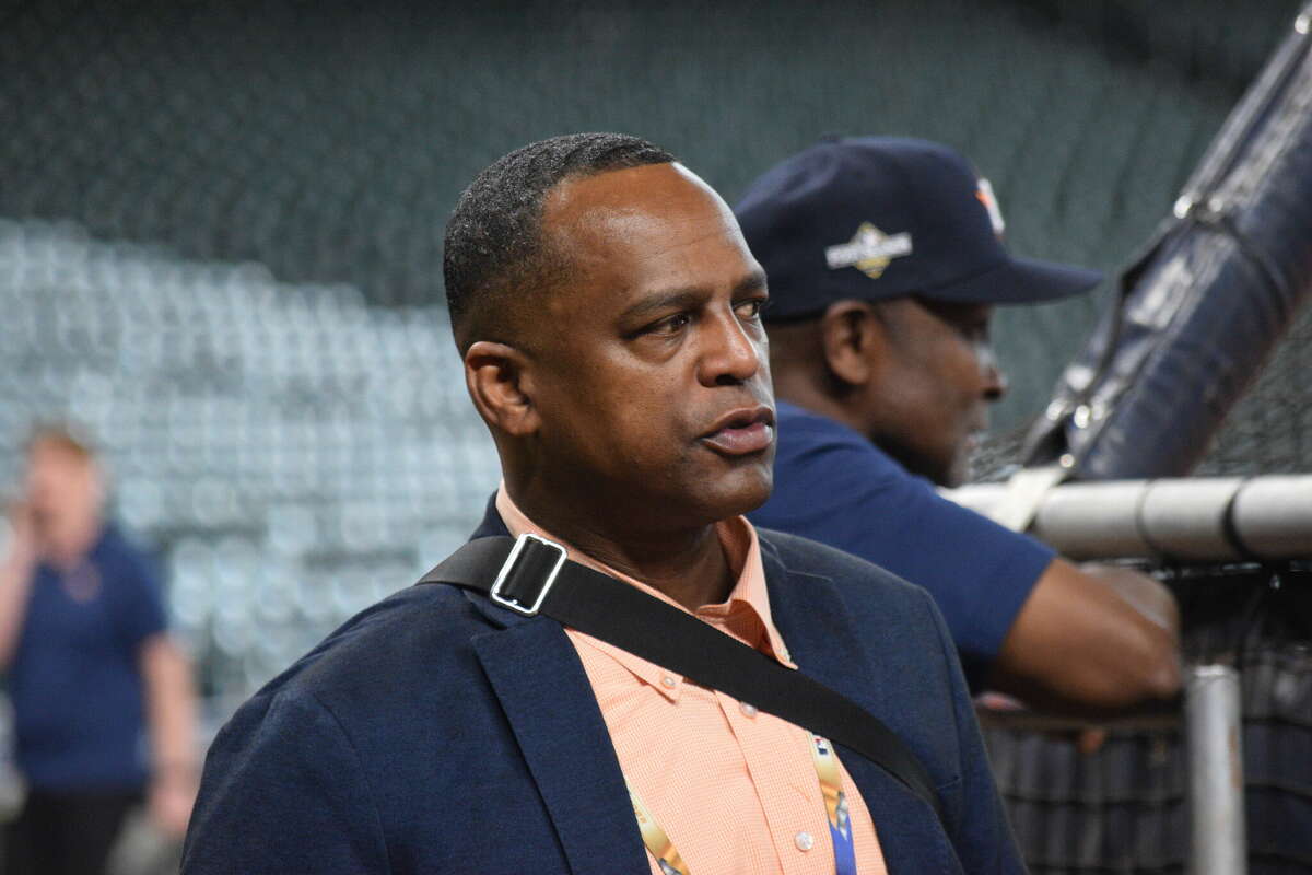 Houston Astros general manager Dana Brown looks on during batting practice prior to Game 2 of the ALDS against the Twins on Saturday, Oct. 7, at Minute Maid Park in Houston.