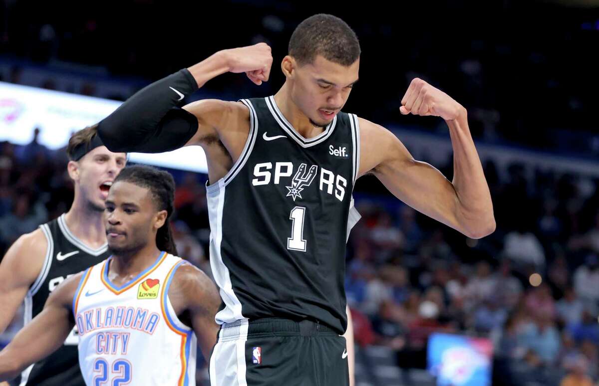 Victor Wembanyama is pictured in a San Antonio Spurs uniform for