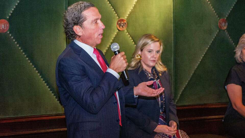 Houston City Council candidate, Tony Buzzbee and Councilmember Mary Nan Huffman, participate in a District G candidate forum at the Greater Houston Pachyderm Club meeting, Tuesday, Oct. 10, 2023, at King Ranch Texas Kitchen in Houston.